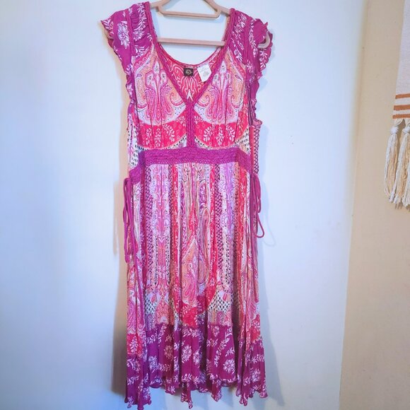 Bila Hot Pink Paisley Print Rayon Midi Dress | Made in India & Boho | Size XL - Picture 9 of 11